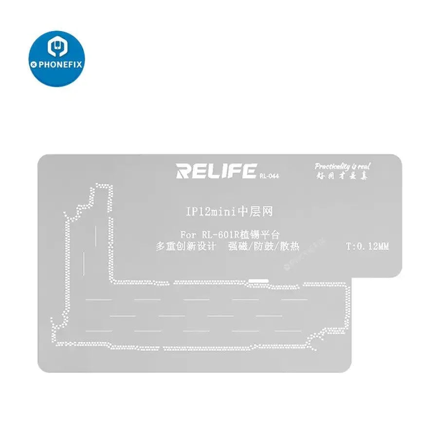 RELIFE RL-601R 10-in-1 BGA Reballing Stencil Kit for iPhone X-12 Pro Max by PHONEFIX, with multiple stencil options for reballing.