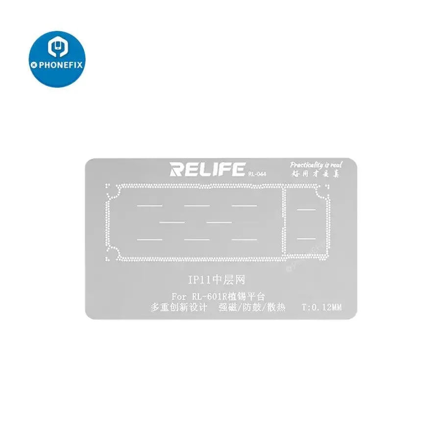 Relife RL-601R 10-in-1 BGA reballing stencil kit for iPhone X to 12 Pro Max, used for reballing and repair of middle frames.