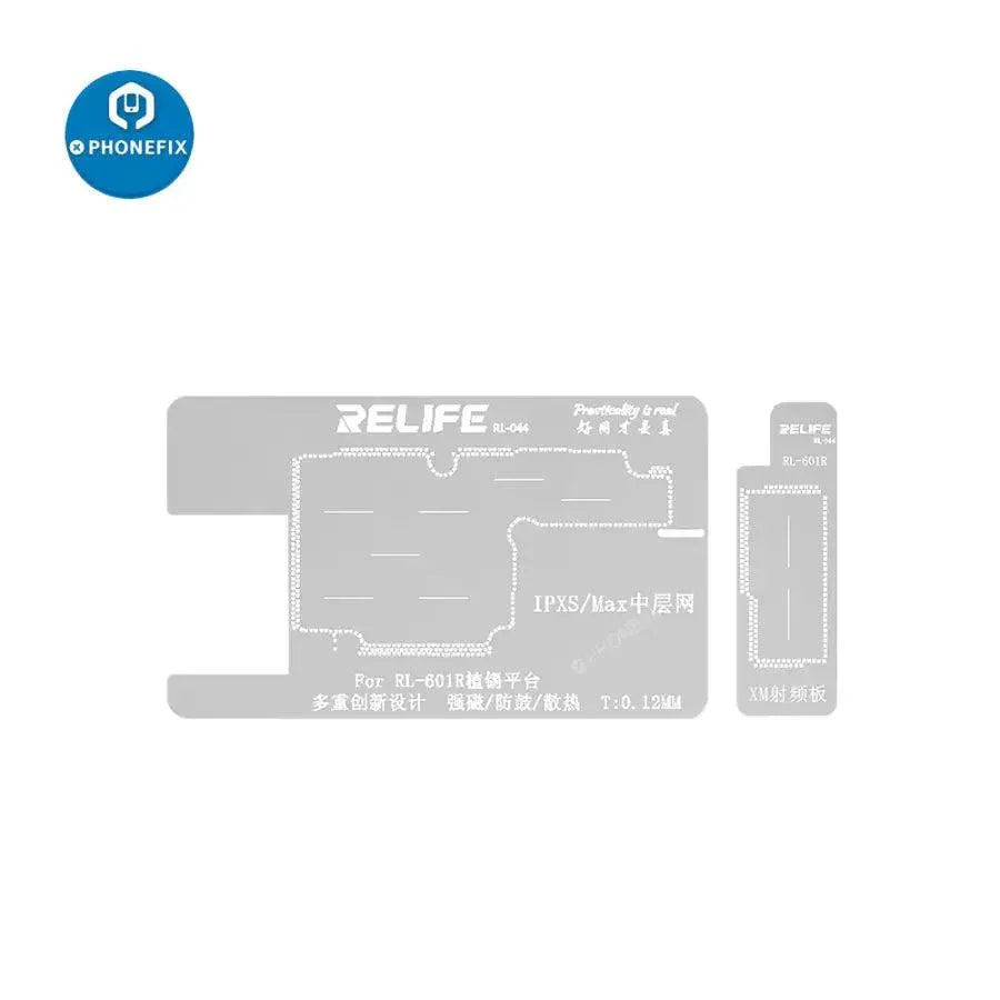 RELIFE RL-601R 10-in-1 BGA reballing stencil kit for iPhone X-12 Pro Max by PHONEFIX, shown with multiple stencil frames and tools.