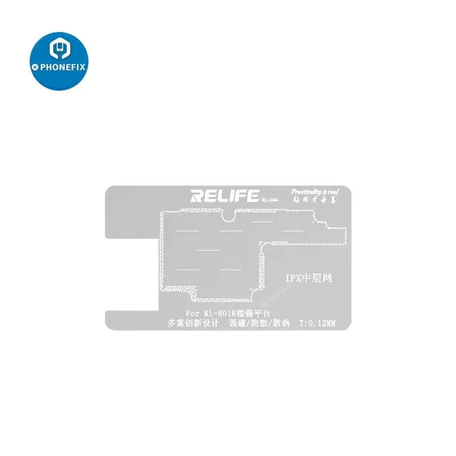 RELIFE RL-601R BGA reballing stencil kit for iPhone X to 12 Pro Max, used for reballing and repair of middle frames.