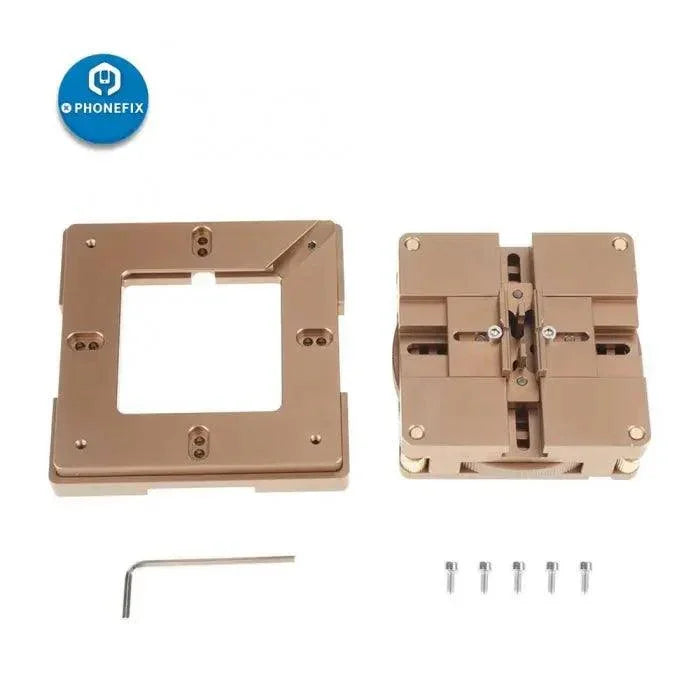 Universal 80mm/90mm BGA Reballing Station BGA Stencils Holder Jig by PHONEFIX, with multiple stencils and holding jig shown.