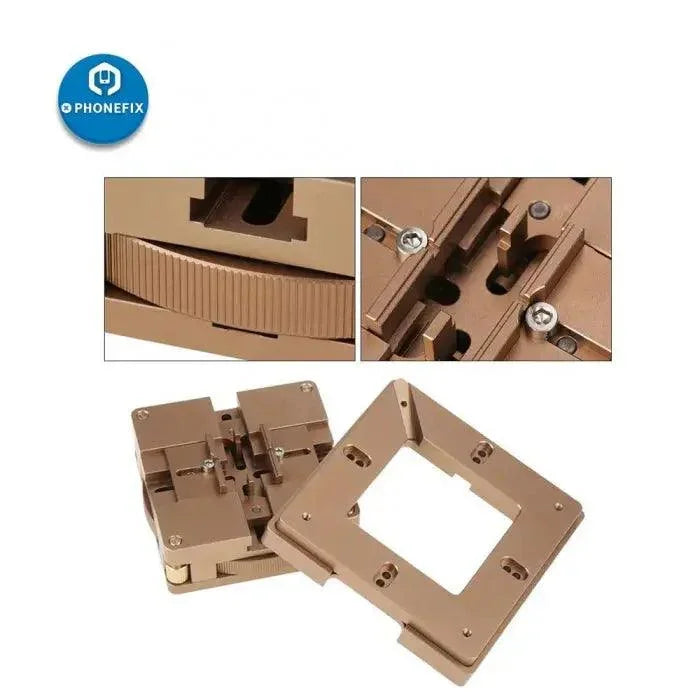 Universal 80mm/90mm BGA Reballing Station BGA Stencils Holder Jig by PHONEFIX, shown holding BGA reballing stencils.
