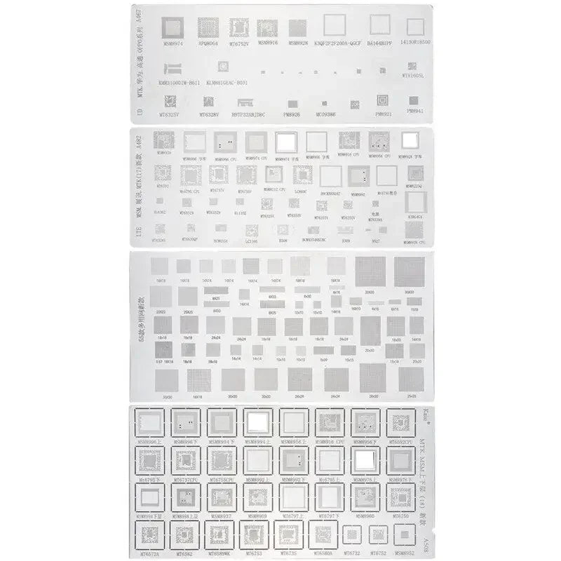 Universal BGA stencil for Samsung, Huawei, and iPad power IC reballing, four-piece pack by PHONEFIX, used for electronic repair.