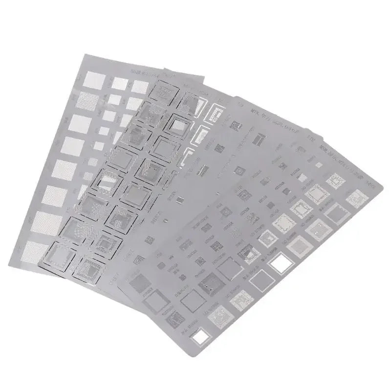 Universal BGA stencil set by PHONEFIX for Samsung, Huawei, and iPad power IC reballing, includes four stencils for precise rework.