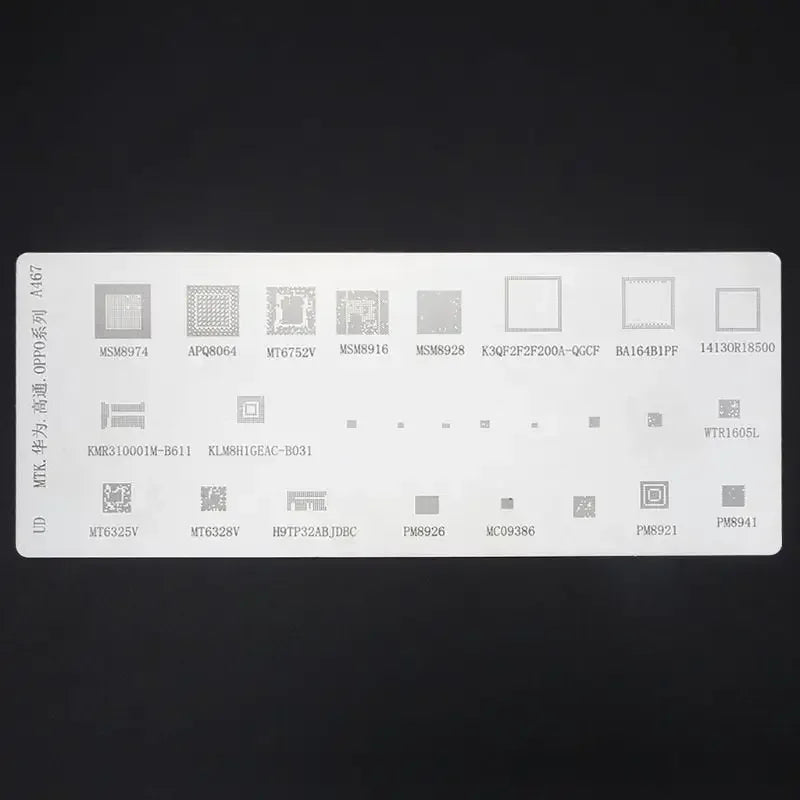 PHONEFIX universal BGA reballing stencil for Samsung, Huawei, iPad power IC, 4-piece pack, used for reballing and repair.