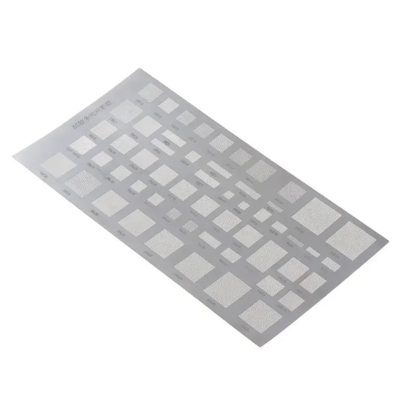 Universal BGA reballing stencil for Samsung, Huawei, and iPad power ICs, four-piece kit by PHONEFIX for precise rework.