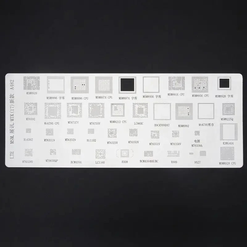 Universal BGA Reballing Stencil for Samsung, Huawei, iPad Power IC from PHONEFIX, 4-piece pack for precise reballing repair.