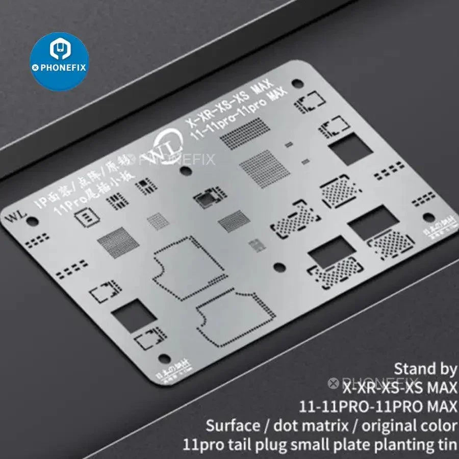 PhoneFix BGA Reballing Steel Mesh for iPhone Dot Matrix Face ID Repair, used for precise BGA stencil reballing on iPhone devices