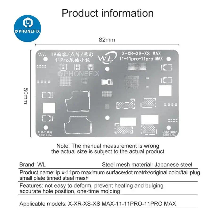 Pochoir de rebillage BGA en treillis d'acier pour la réparation de Face ID iPhone par PHONEFIX, utilisé dans le processus de rebillage de Face ID à matrice de points.