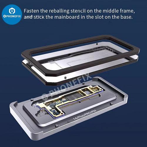 PHONEFIX BGA reballing stencil with Z14 motherboard middle frame planting tin stand for iPhone 14 series repair.