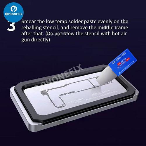 PhoneFix BGA reballing stencil with Z14 motherboard middle frame planting tin stand for iPhone 14 series repair.