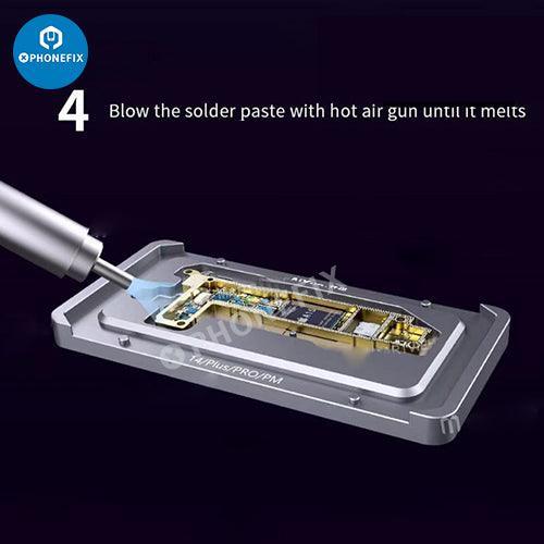 PhoneFix BGA reballing stencil for iPhone 14 series, with Z14 motherboard middle frame planting tin stand, used for electronics repair.