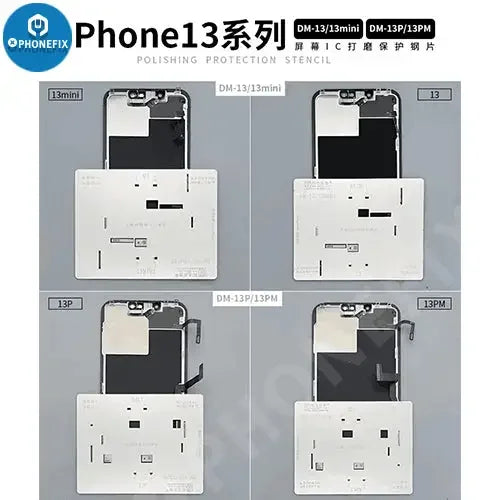 Amaoe BGA reballing stencil for iPhone 11-13 Pro Max screen cable IC protection, compatible with PhoneFix repair tools.