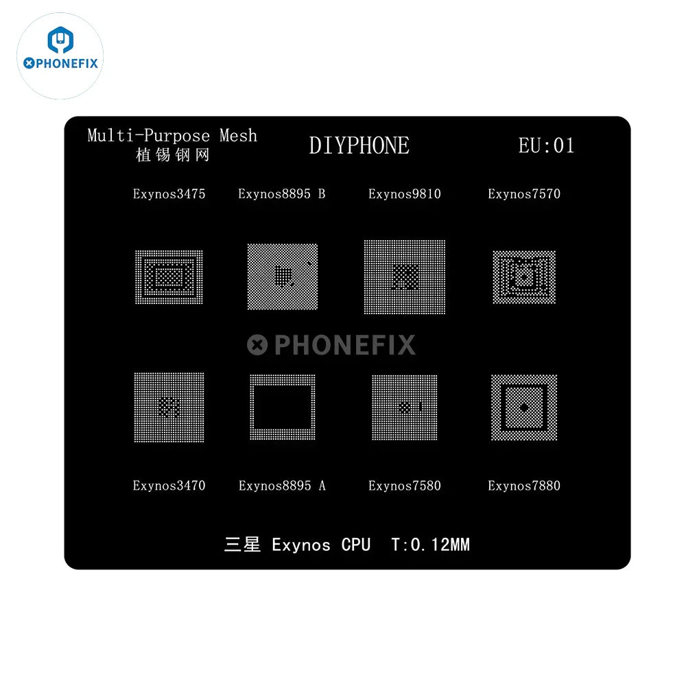 Phonefix BGA reballing stencil for Samsung Exynos CPUs, 0.12mm silver stencil for DIY phone repair and reballing.
