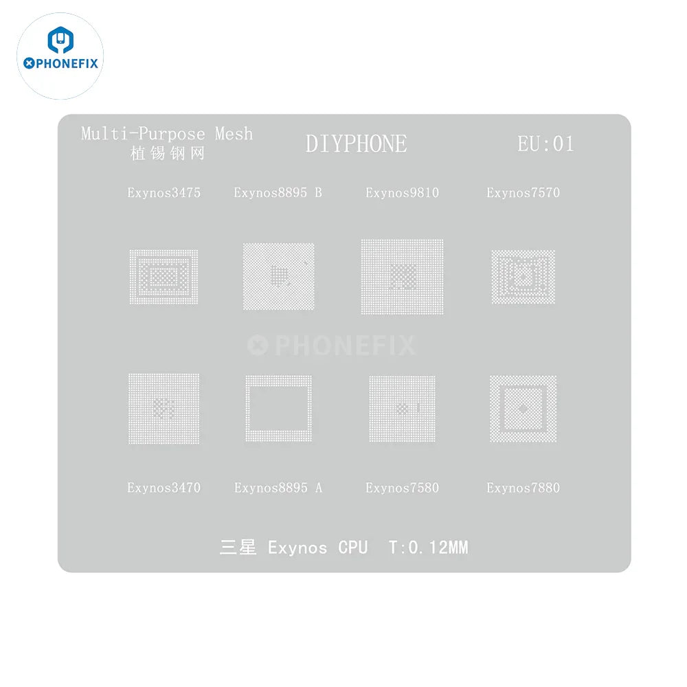 PhoneFix 0.12mm BGA Reballing Stencil for Samsung Exynos CPU, silver, precision tool for BGA reballing repairs.