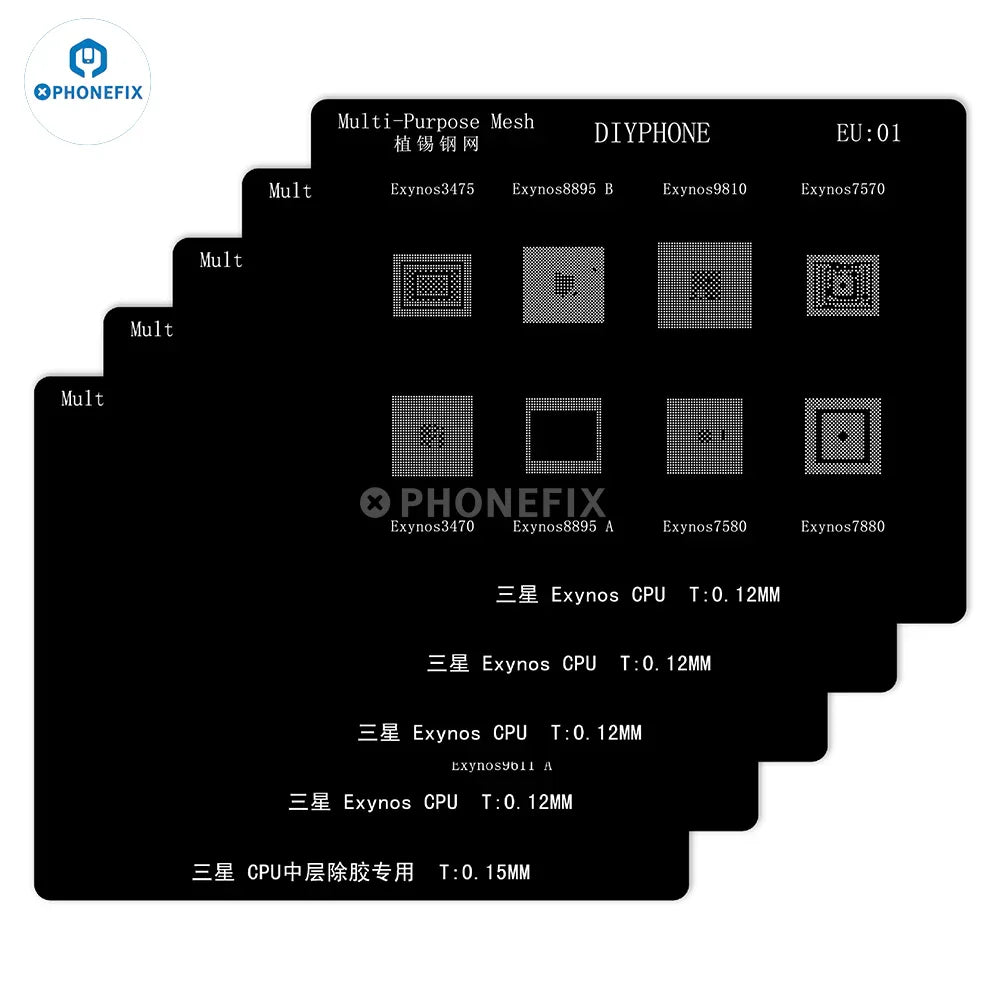 PHONEFIX BGA reballing stencil for Samsung Exynos CPUs, 0.12mm thickness, used for precise reballing repairs.