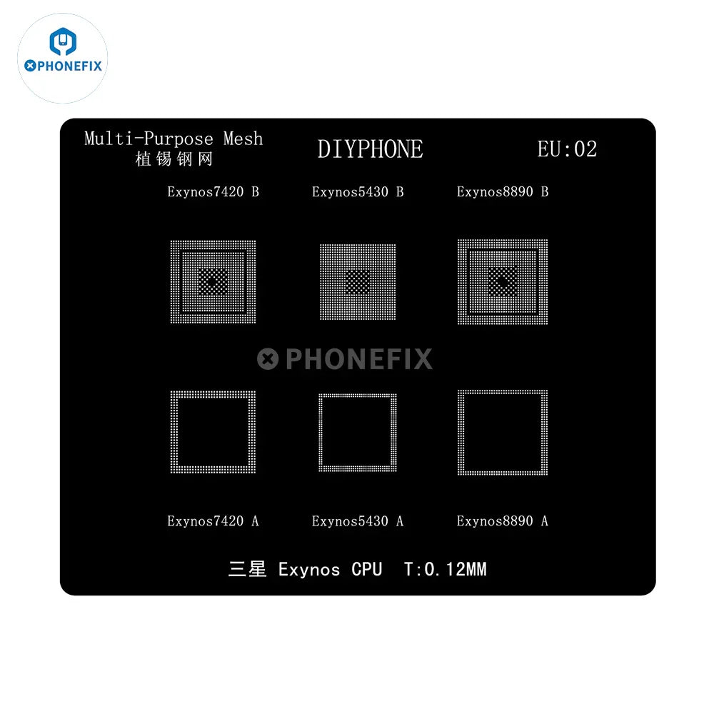 Phonefix BGA reballing stencil for Samsung Exynos CPUs, 0.12mm silver DIYPhone CPU BGA stencil for precise reballing.