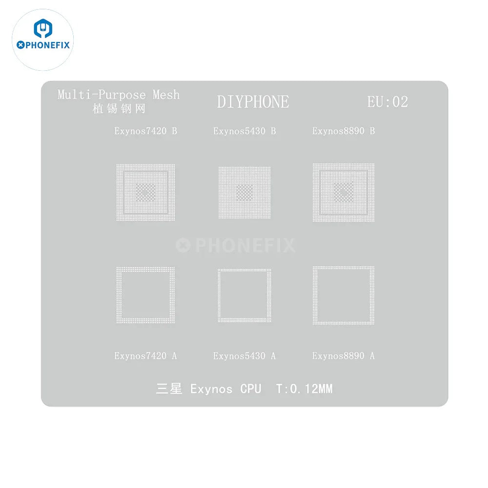 PhoneFix 0.12mm BGA Reballing Stencil for Samsung Exynos CPU repair, silver, precise reballing tool for electronics repair.