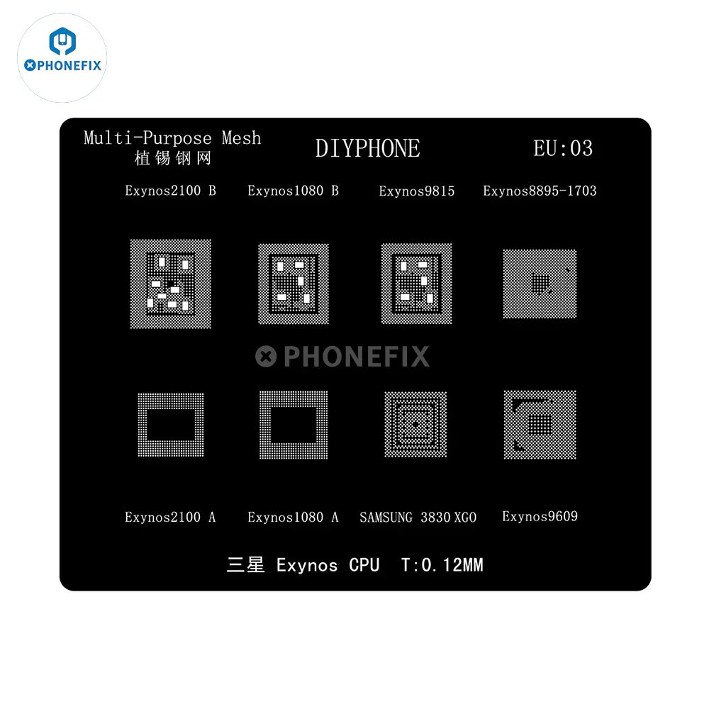 Phonefix BGA Reballing Stencil 0.12mm for Samsung Exynos CPUs, silver DIYPHONE reballing stencil for precise PCB repair.