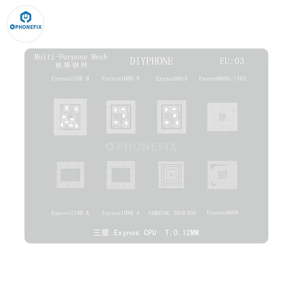 Phonefix BGA Reballing Stencil for Samsung Exynos, 0.12mm CPU BGA Reballing Stencil, silver color, precise rework tool.
