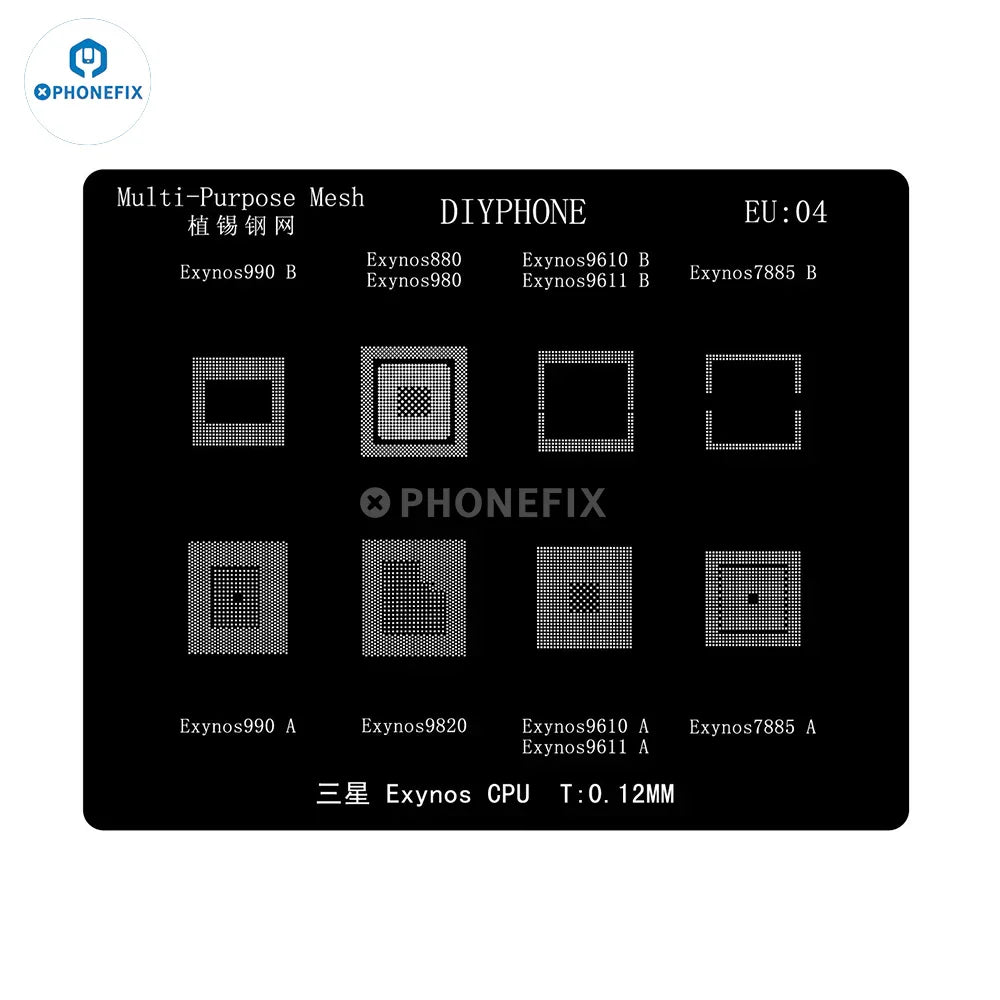 PhoneFix BGA Reballing Stencil for Samsung Exynos CPUs, 0.12mm silver BGA reballing stencil for DIY phone repair.