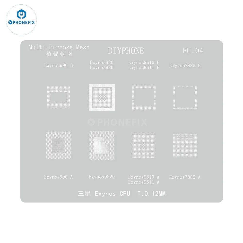 Silver BGA reballing stencil for Samsung Exynos from PHONEFIX, 0.12mm CPU BGA stencil for DIY phone repair.