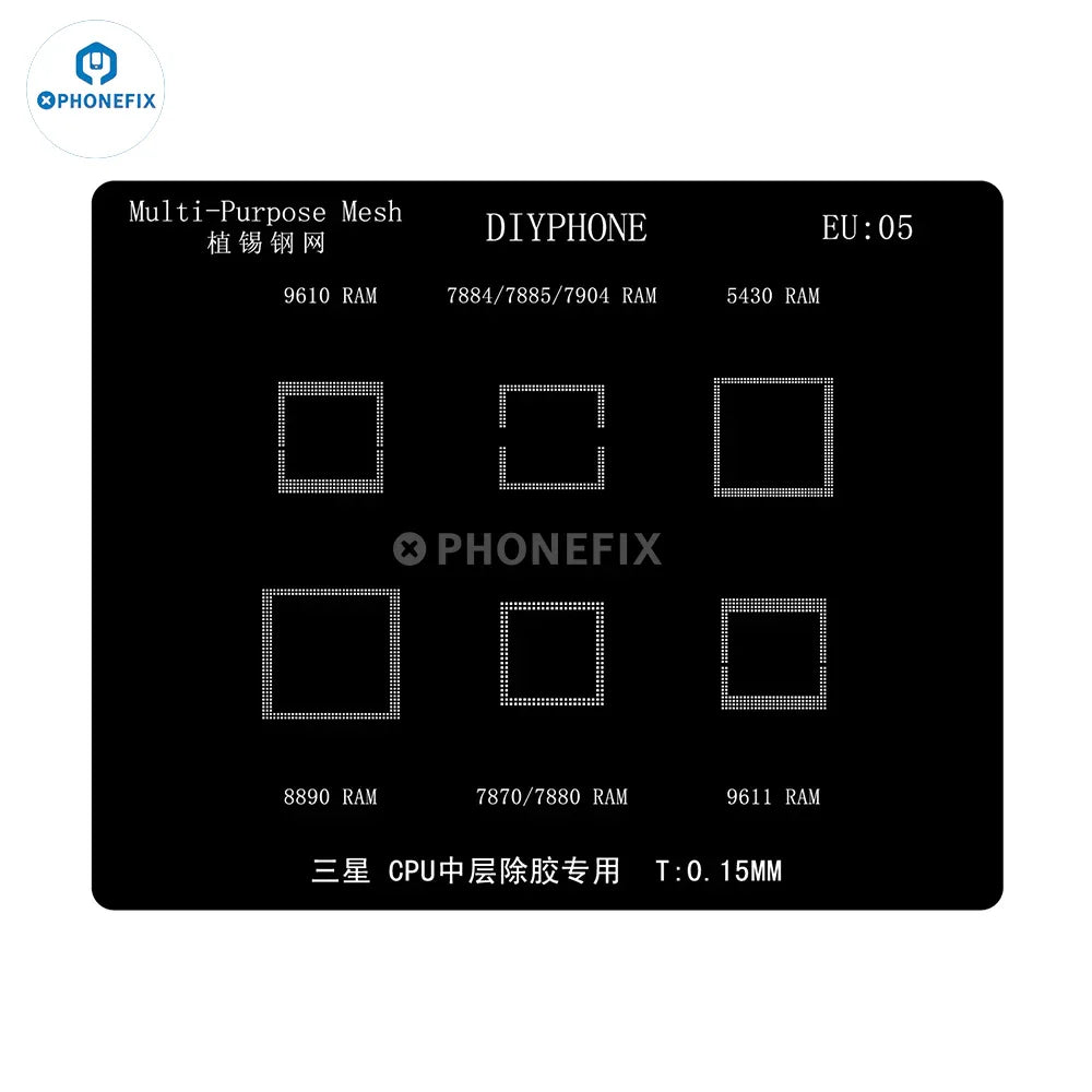 Silver DIYPHONE 0.12mm CPU BGA Reballing Stencil for Samsung Exynos from PHONEFIX, precision reballing tool for mobile repair.