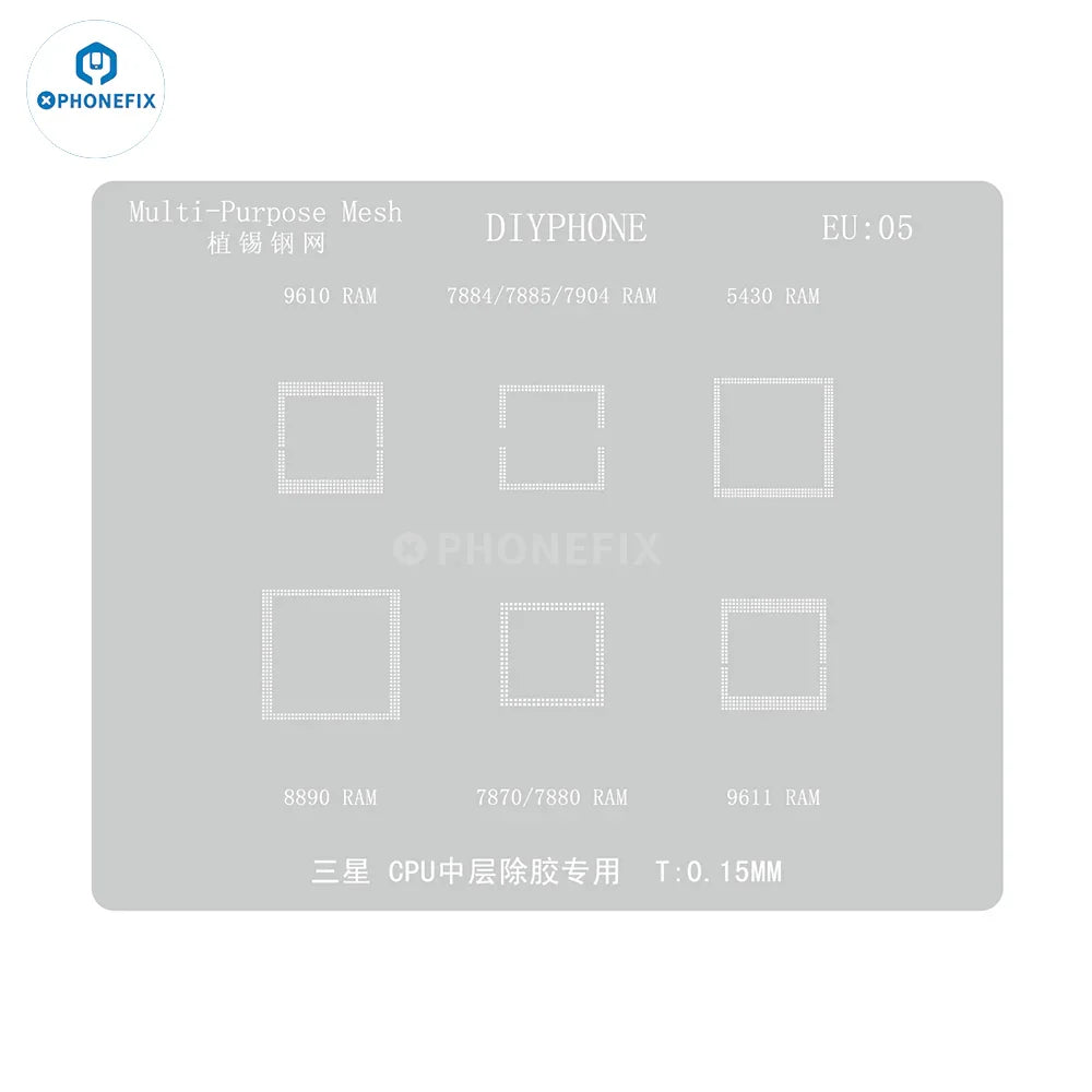 PhoneFix BGA Reballing Stencil for Samsung Exynos, 0.12mm CPU stencil, silver, used for reballing Samsung smartphone chips.