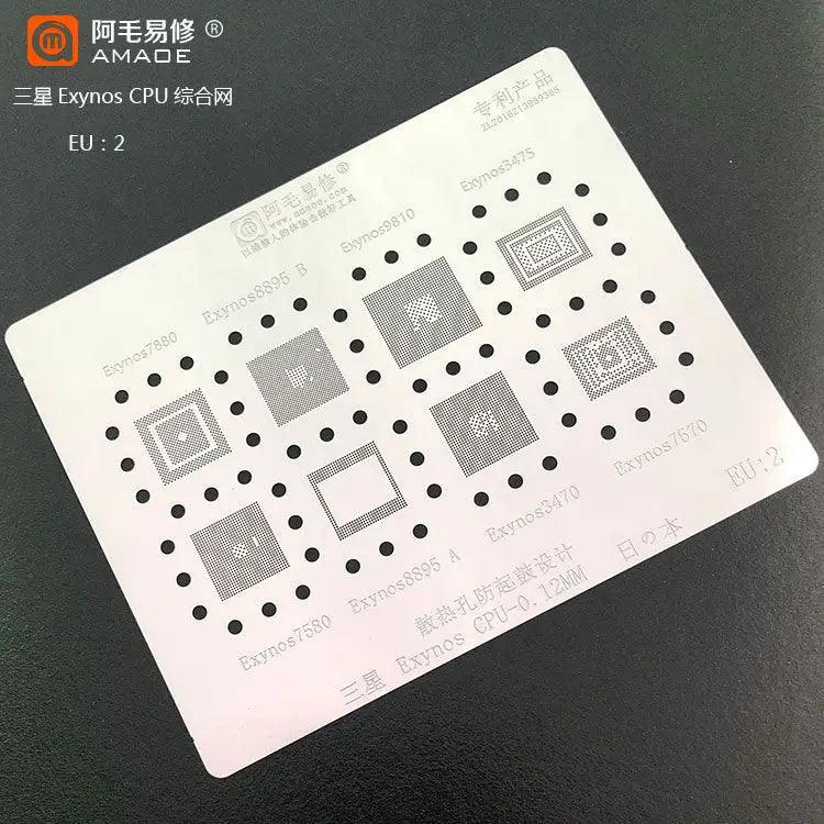 Amaoe BGA reballing stencil for Samsung Exynos EU1 EU2 EU3 chips, compatible with PHONEFIX brand for phone repair.
