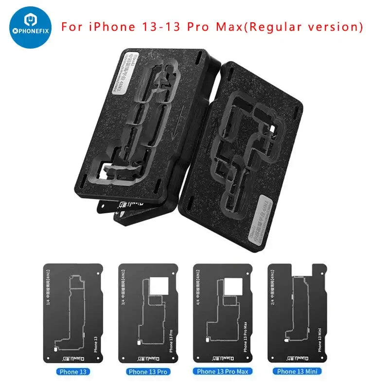 Qianli 4-in-1 middle layer BGA reballing stencil platform for iPhone 13 Pro Max Mini by PHONEFIX, used for tin planting and repair.