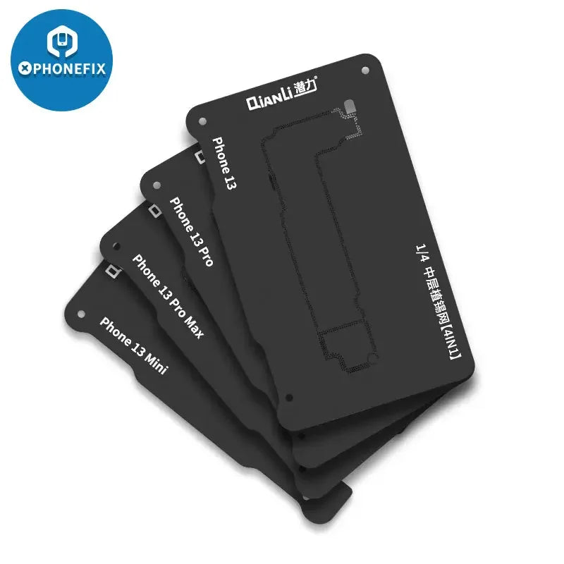 Qianli 4-in-1 middle layer tin planting platform for iPhone 13 Pro Max mini BGA reballing stencil by PHONEFIX, with tools and stencil layout.