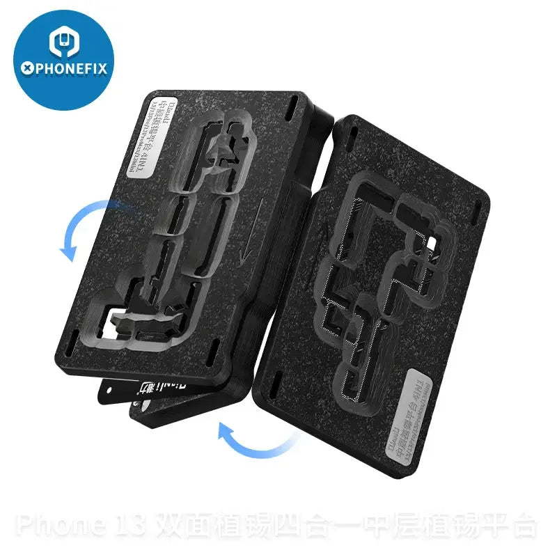 Qianli 4-in-1 BGA reballing stencil for iPhone 13 Pro Max Mini, used as a middle layer tin planting platform by PHONEFIX.