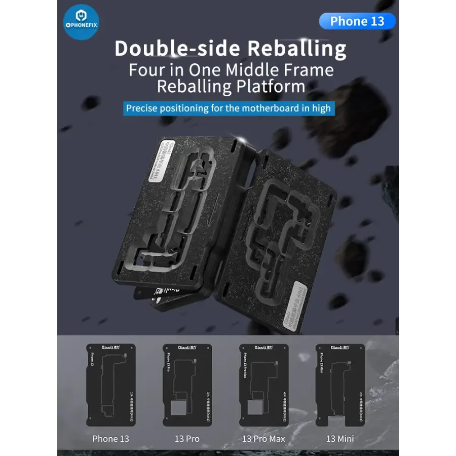 Qianli 4-in-1 BGA reballing stencil platform for iPhone 13 Pro Max Mini, used for precision tin planting and repair.