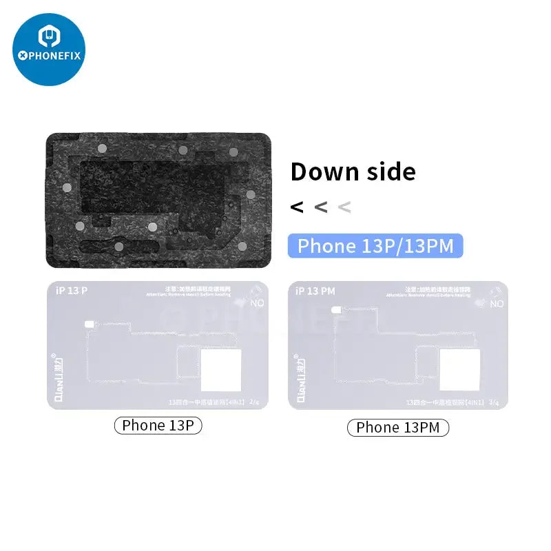 Qianli 4-in-1 middle layer tin planting platform for iPhone 13 Pro Max Mini BGA reballing stencil, branded PHONEFIX, with stencil details visible.