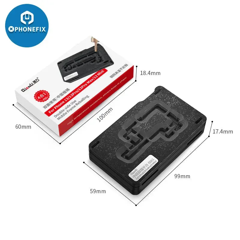 Qianli 4-in-1 middle layer tin planting platform for iPhone 13 Pro Max Mini BGA reballing stencil by PHONEFIX, with multiple layer sections.