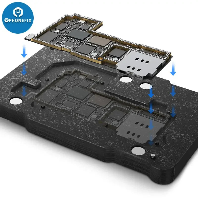 Qianli 4-in-1 middle layer tin planting platform for iPhone 13 Pro Max Mini BGA reballing stencil by PHONEFIX, shown on a work surface.