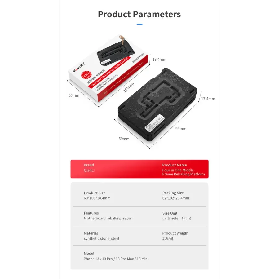 Qianli 4-in-1 middle layer tin planting platform for iPhone 13 Pro Max and Mini, used for BGA reballing with PHONEFIX branding.
