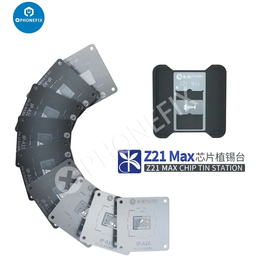 PhoneFix MIJING Z21 MAX CPU BGA Reballing Stencil Station for iPhone and Android devices, used for reworking smartphone CPUs.