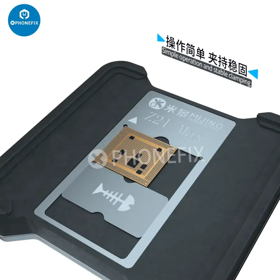 PhoneFix MIJING Z21 MAX CPU BGA reballing stencil station for iPhone and Android devices, precision rework tool for mobile repair.