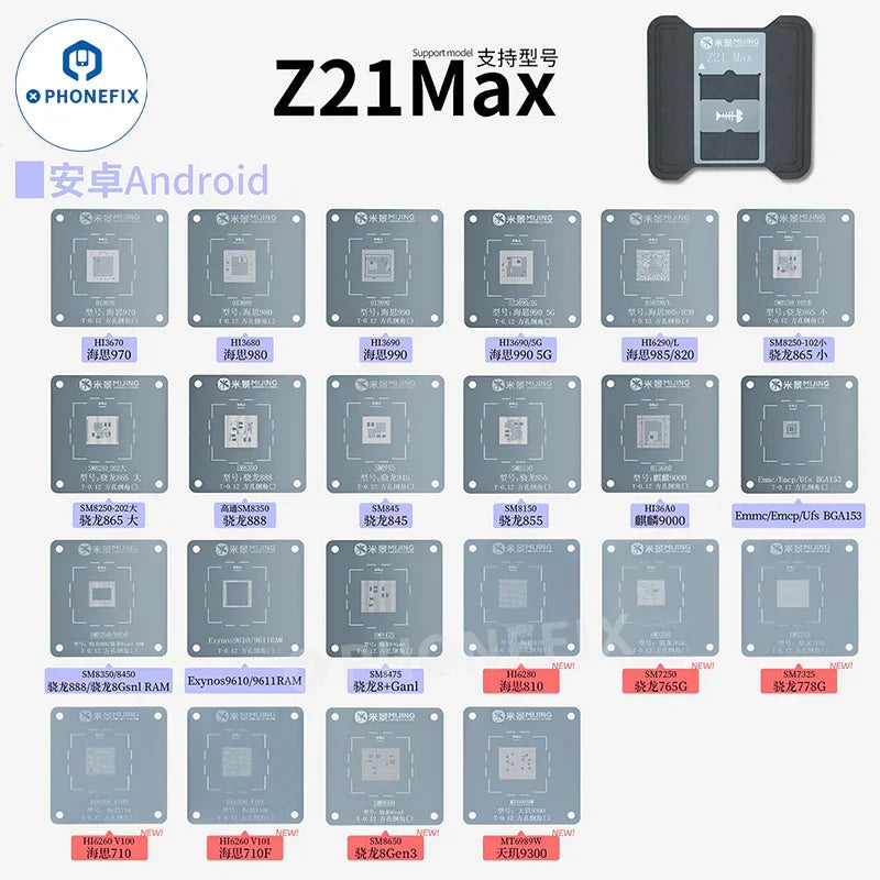 PhoneFix MIJING Z21 MAX CPU BGA reballing stencil station for iPhone and Android devices, used for precise reballing repairs.