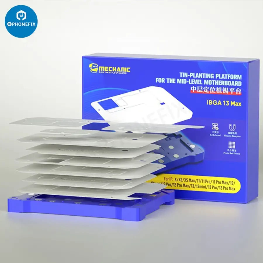 PHONEFIX MECHANIC IBGA13 MAX BGA reballing stencil for iPhone X to 13 Pro Max middle frame reballing platform, repair tool.