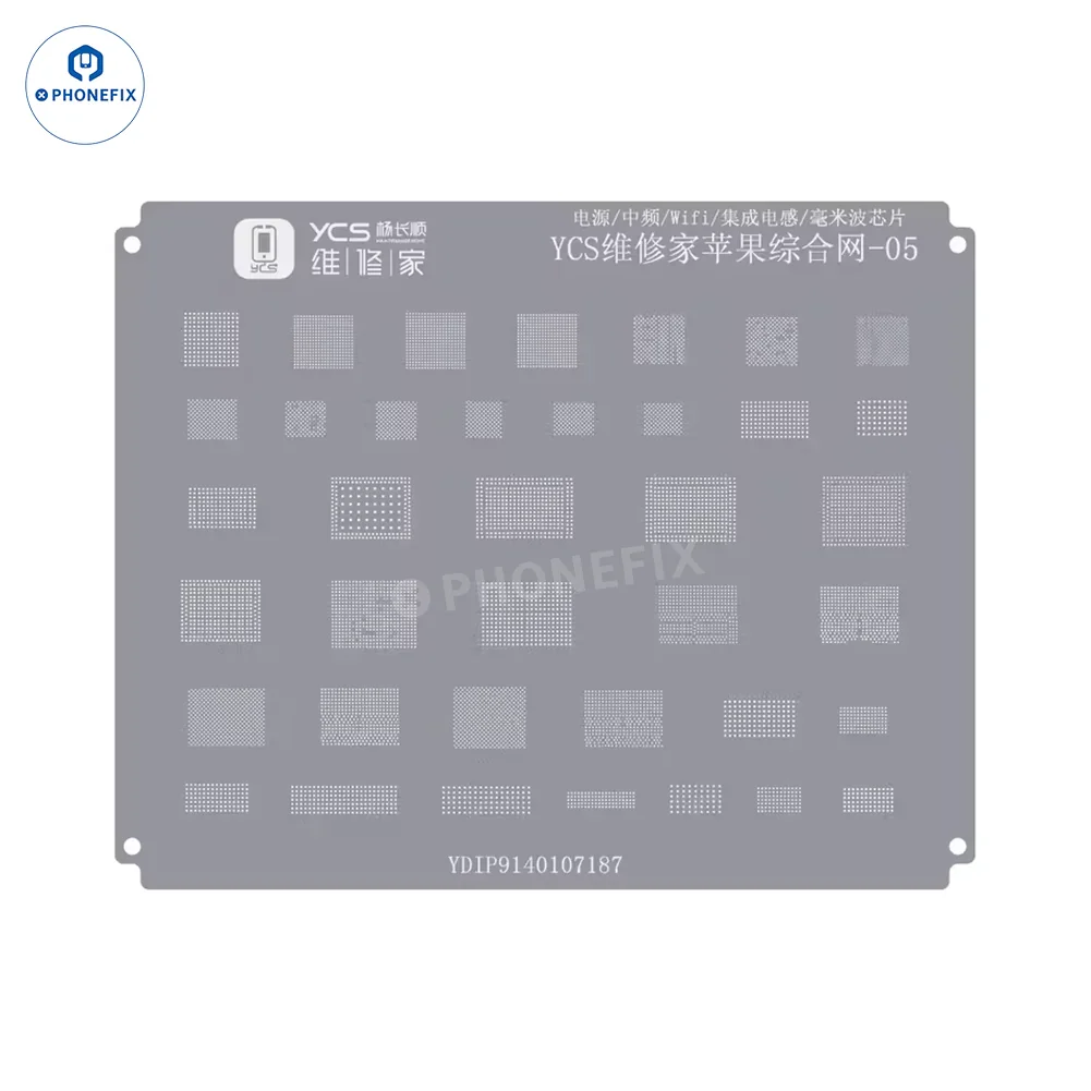 PHONEFIX BGA reballing stencil for iPhone and Android phone CPU chips, used for precise reballing and repair.