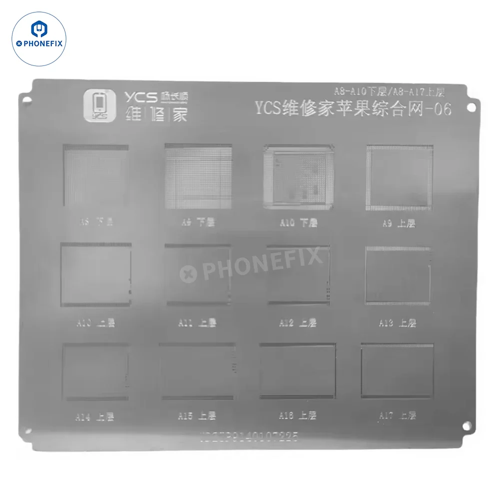 Phonefix BGA reballing stencil for iPhone and Android phone CPU chips, used for precise reballing and repair processes.
