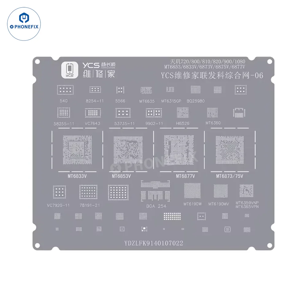 MediaTek BGA reballing stencil for iPhone and Android phone CPU chips, compatible with PHONEFIX YCS Mobile reballing tools.