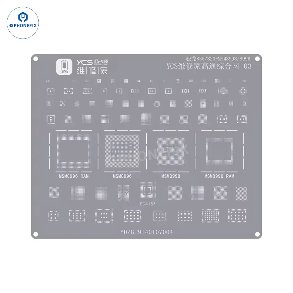 PHONEFIX BGA reballing stencil for iPhone and Android phone CPU chips, featuring Qualcomm Net-03 for precise reballing.