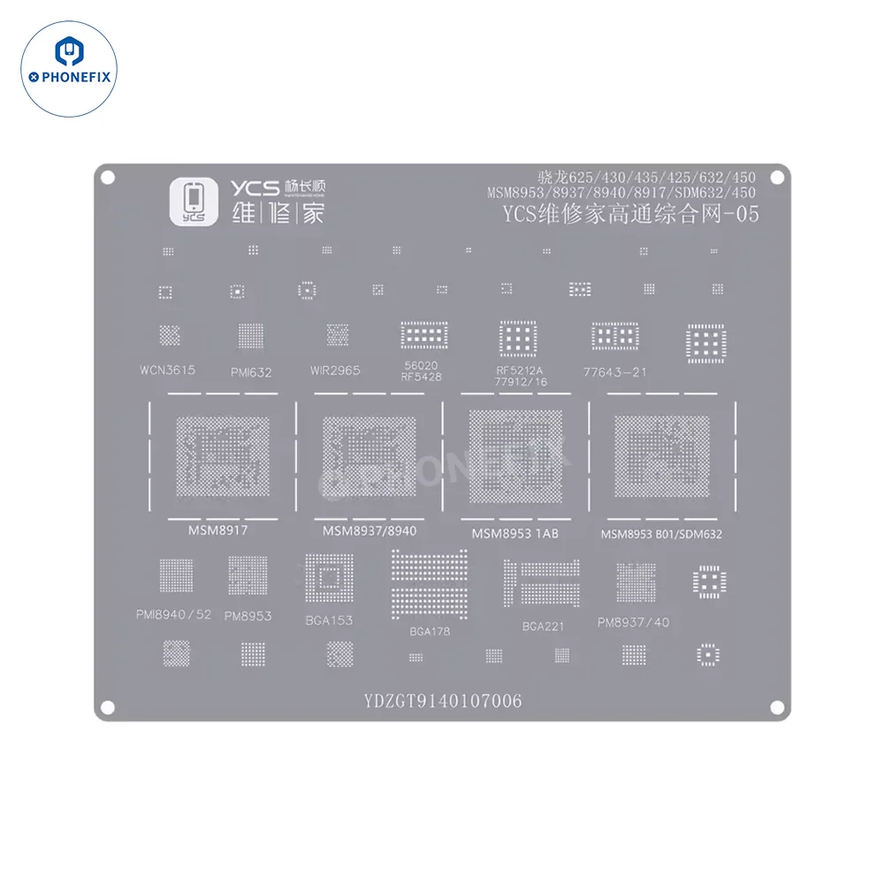 PhoneFix BGA reballing stencil for iPhone and Android phone CPU chips, featuring Qualcomm Net-05 for precise reballing applications.