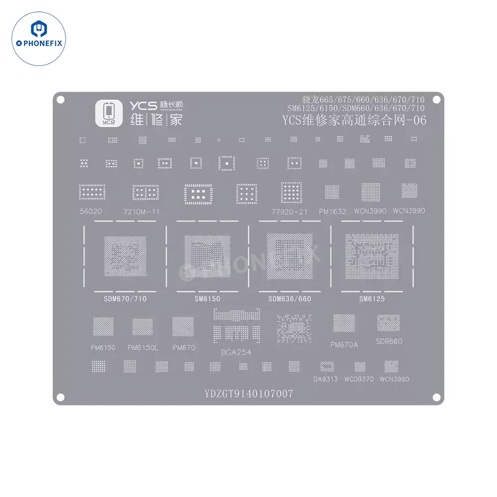 PHONEFIX BGA reballing stencil for iPhone and Android phone CPU chips, featuring Qualcomm Net-06 design for precise reballing.