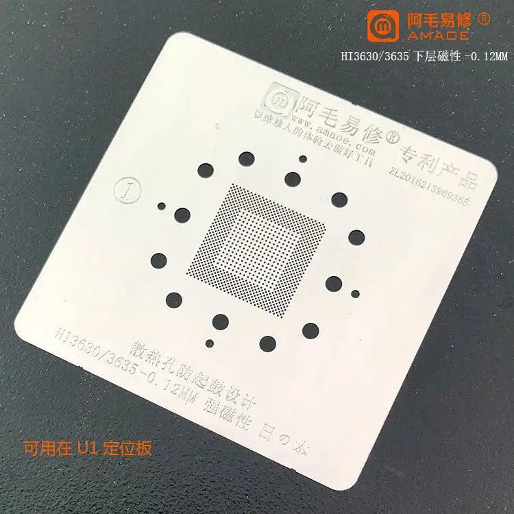 Amaoe BGA reballing stencil for HI6250 and HI3690 5G CPU, used for reworking and repairing mobile phone chips.