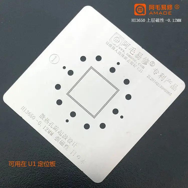 Amaoe BGA reballing stencil for HI6250 and HI3690 CPUs, compatible with 5G chips, used for phone repair and reballing processes.