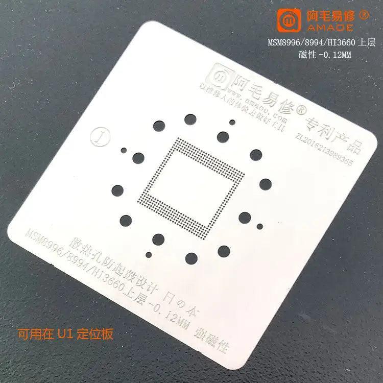 Amaoe BGA reballing stencil for HI6250 and HI3690 CPUs, used for 5G phone repair, by PHONEFIX, shown on a clean workspace.